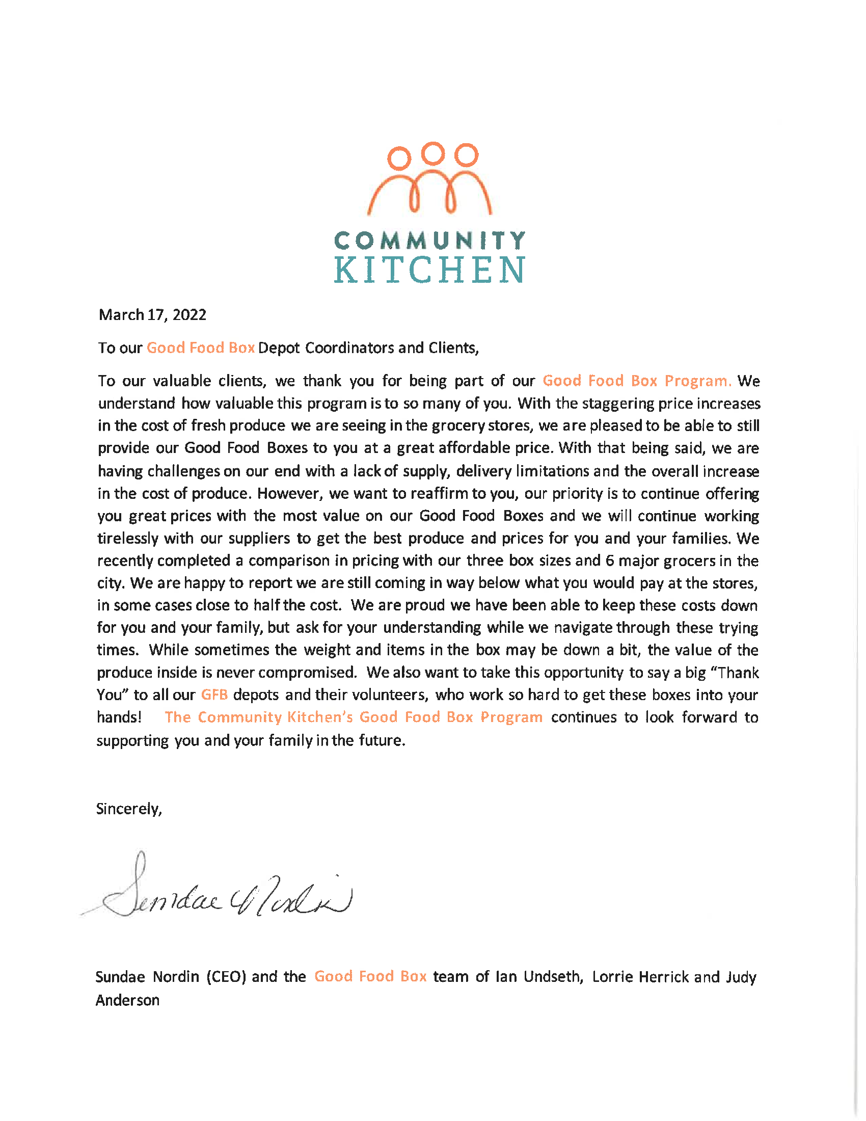 A Letter From Community Kitchen Concerning Good Food Box Pricing