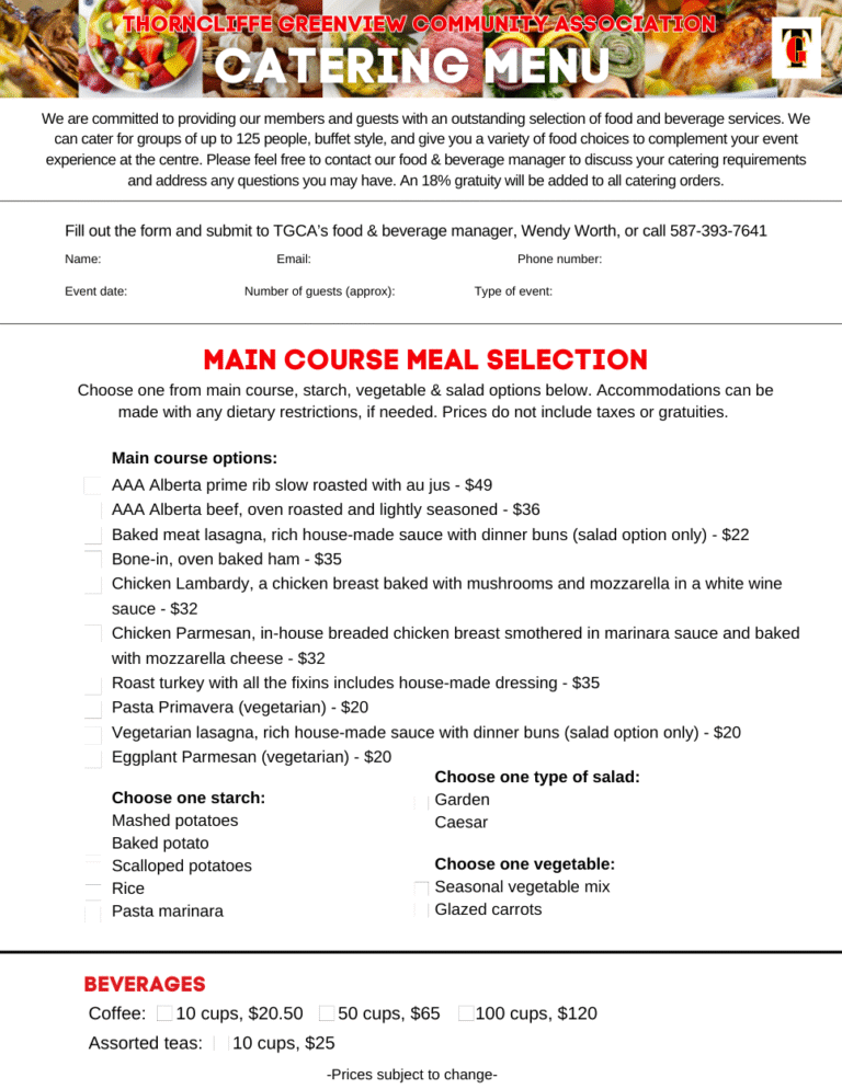 TGCA catering menu