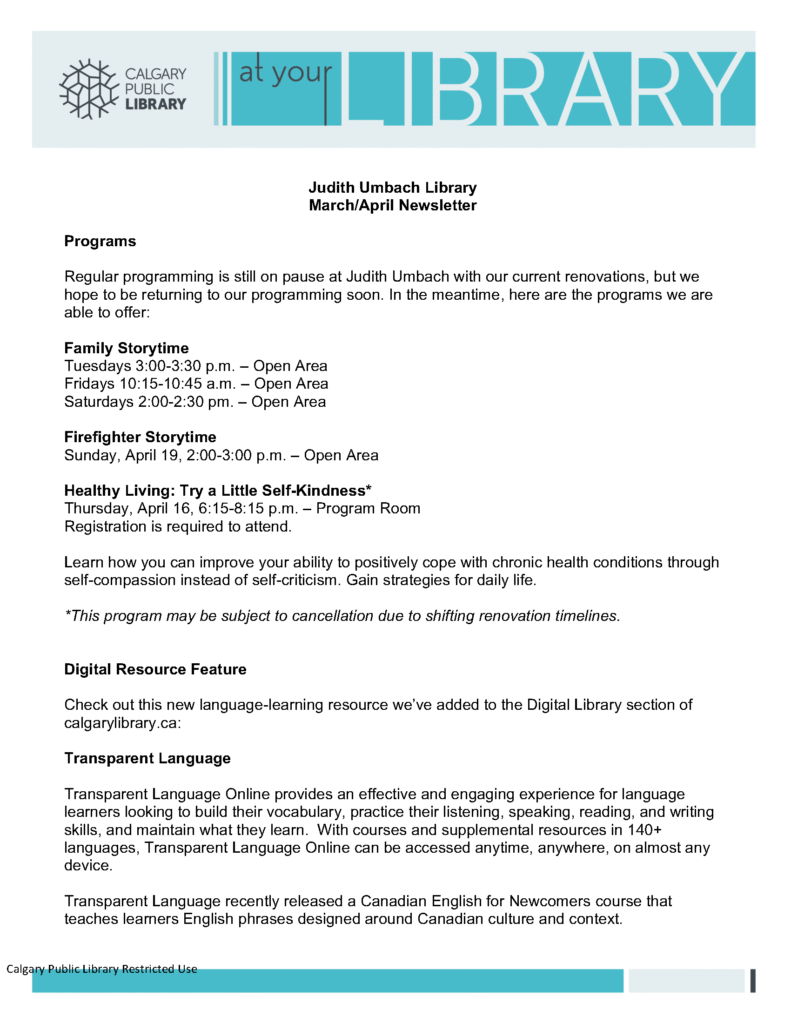 March - April Newsletter_Judith Umbach Library